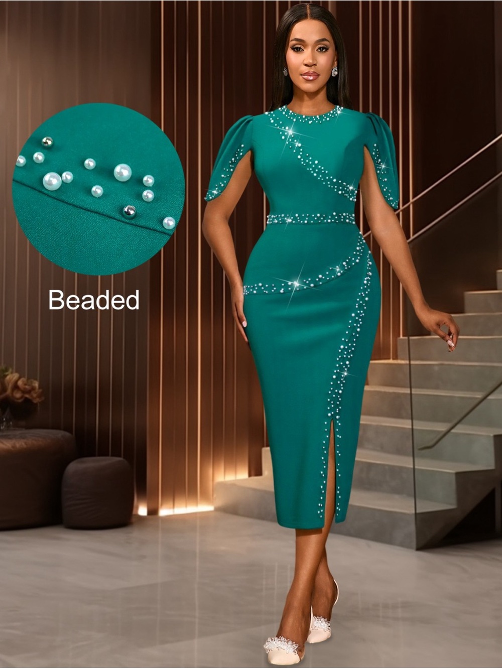 Elegant Teal Beaded Sheath Dress - Women's Formal Dress